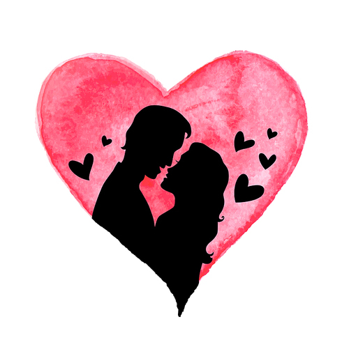 Vector Valentine greet card with red watercolor heart and silhouette of couple in love on a white background