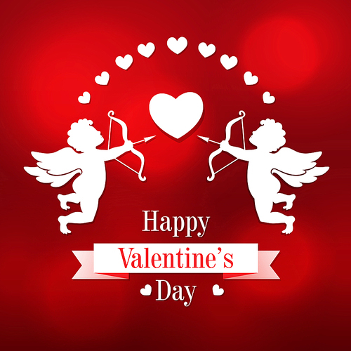 Valentine's day greeting card with two cut of paper cupids and hearts on a red background