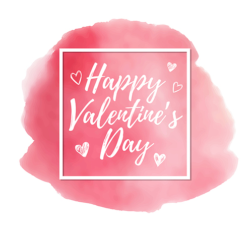 Hand drawn greeting text in white frame on a pink watercolor background for Valentine's day. Vector illustration