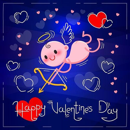 Valentines Day card with cute cupid and hearts on a dark blue neon background. Vector illustration.