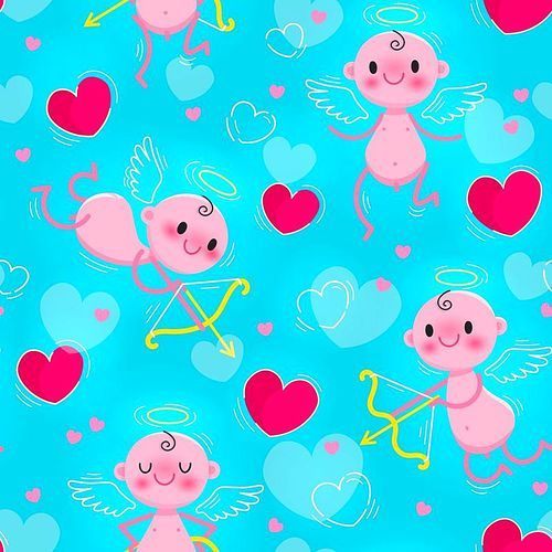 Wedding and Valentines Day day seamless texture with lovely cupids and hearts. Vector illustration.