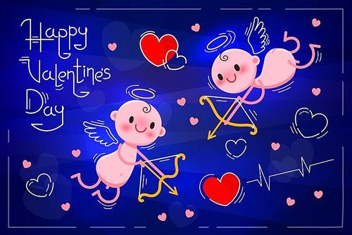 Valentines Day card with cute cupids and hearts on a dark blue neon background. Vector illustration.