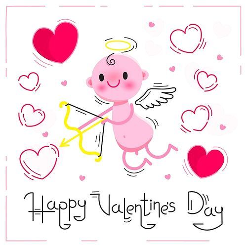 Valentines Day card with cute cupid and hearts on a white background. Vector illustration