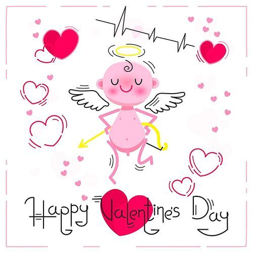 Valentines Day card with cute cupid and hearts on a white background. Vector illustration