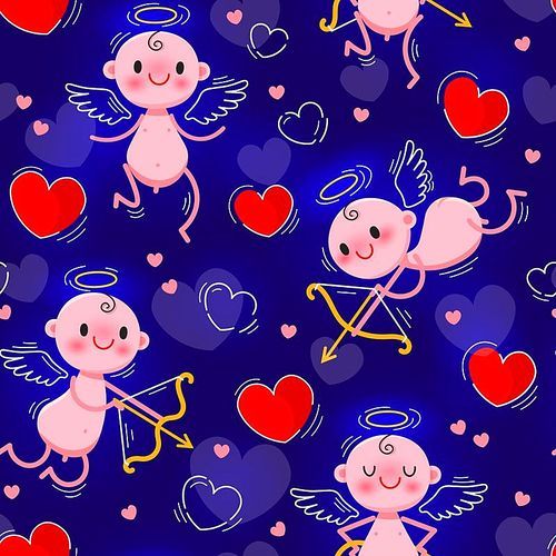 Wedding and Valentines Day day seamless texture with lovely cupids and hearts. Vector illustration.