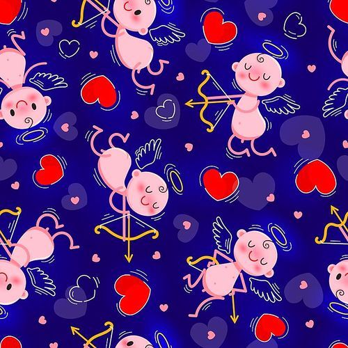 Wedding and Valentines Day day seamless texture with lovely cupids and hearts. Vector illustration.