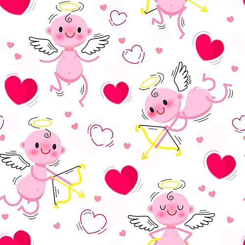 Wedding and Valentines Day day seamless texture with lovely cupids and hearts. Vector illustration.