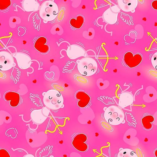 Wedding and Valentines Day day seamless texture with lovely cupids and hearts. Vector illustration.