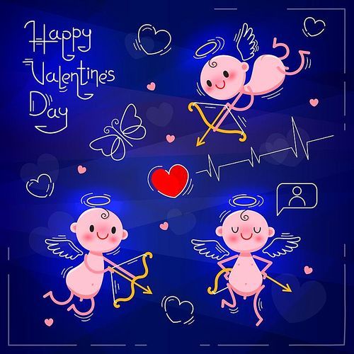 Set Wedding and Valentines Day design elements. Little cute cupids on dark neon background. Vector illustration.