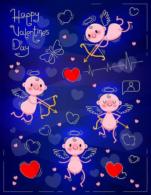 Set Wedding and Valentines Day design elements. Little cute cupids on dark neon background. Vector illustration.