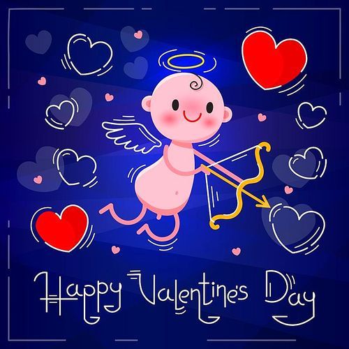 Valentines Day card with cute cupid and hearts on a dark blue neon background. Vector illustration.