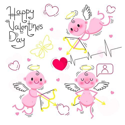 PrintSet Wedding and Valentines Day design elements. Little cute cupids isolated on white . Vector illustration