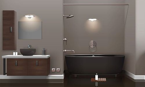 Realistic bathroom interior design with lighting, brown furniture, dark washbasin and tub, glossy floor 3d vector illustration