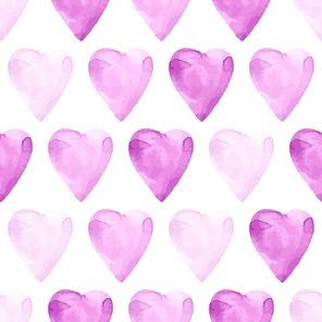Aquarelle violet seamless pattern with hearts. Watercolor background.