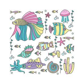 Marine life. Set of clipart. Fish, squid, jellyfish, algae, corals, starfish, shell. Vector illustration.