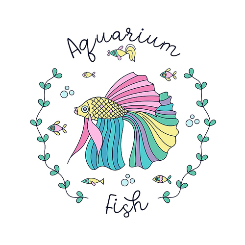aquarium fish. big beautiful fish in the center. a  from marine algae. vector illustration. isolated on a white .