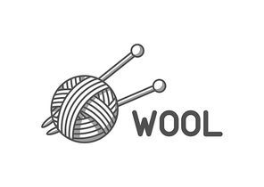 Wool emblem with with ball of yarn and knitting needles. Label for hand made, knitting or tailor shop.