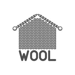 Wool emblem with knitted fabric and needles. Label for hand made, knitting or tailor shop.