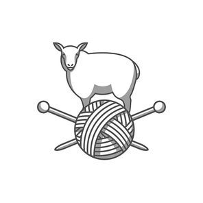 Wool emblem with sheep, tangle of yarn and knitting needles. Label for hand made, knitting or tailor shop.