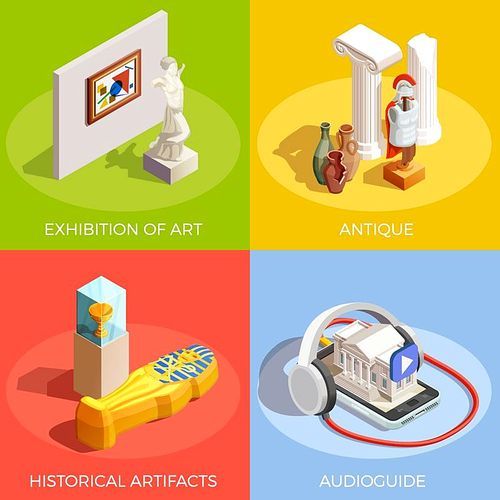 Museum isometric design concept with colorful compositions of historical artifacts and statues with conceptual audioguide images vector illustration