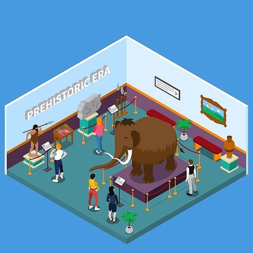 Historical museum with ancient man and weapon, mammoth, rock painting, visitors on blue background isometric vector illustration