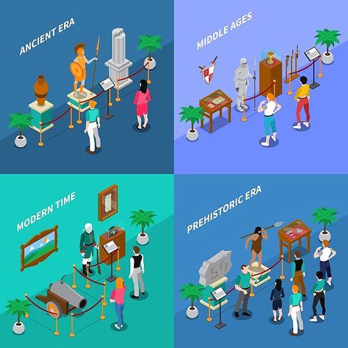 Set of isometric museum scenes including art gallery and historical museum vector illustration