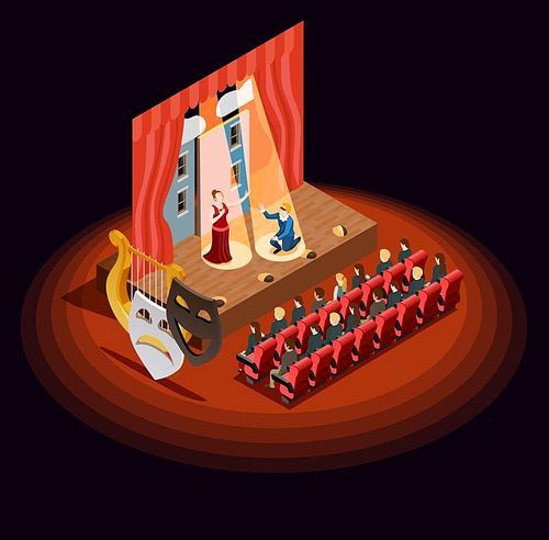 Theatre composition of isometric audience hall with stage during dramatic performance with human characters and masks vector illustration