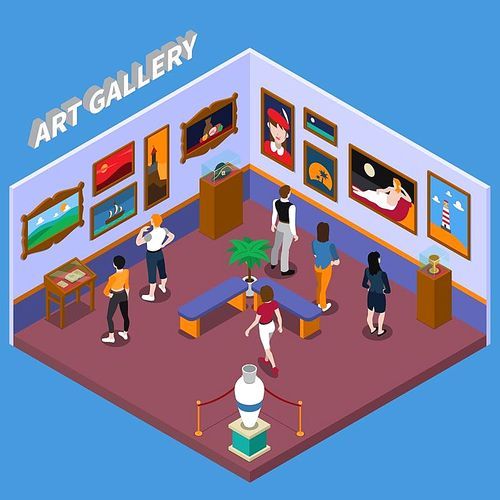 Art gallery with paintings, exhibits on pedestals, benches for visitors on blue background isometric vector illustration