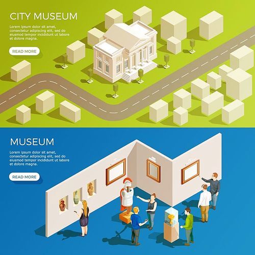 Museum banner isometric collection with simplified urban scenery and antique exhibition space with read more button vector illustration