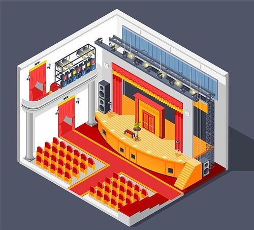Theatre interior isometric composition with lights stage and scenery vector illustration