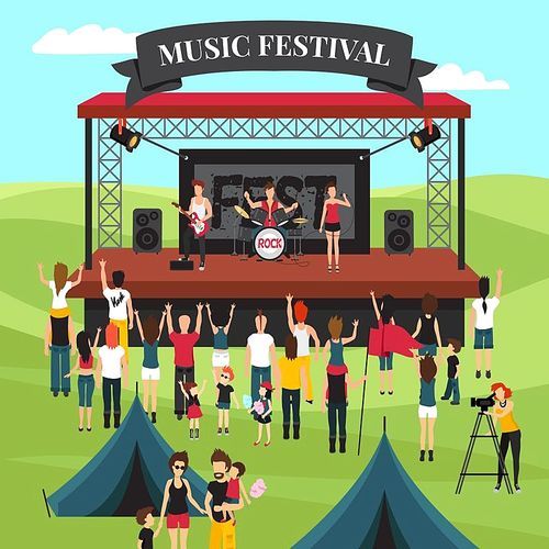 Open air festival background with summer suburban landscape rock band on stage crowd and camping park vector illustration