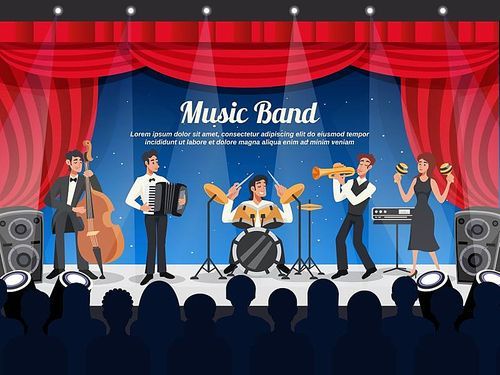 Cartoon colored musician illustration with music band performs on stage in front of a crowd vector illustration