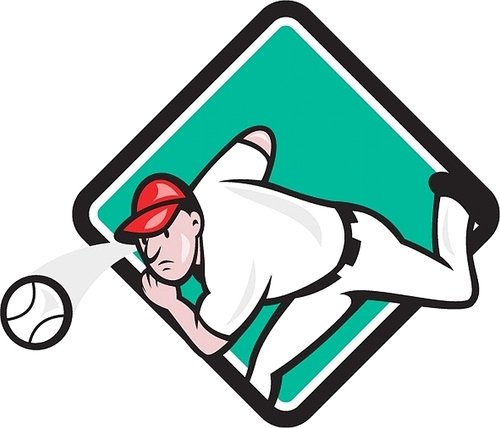 Illustration of an american baseball player pitcher outfilelder throwing ball set inside diamond shape on isolated background done in cartoon style.