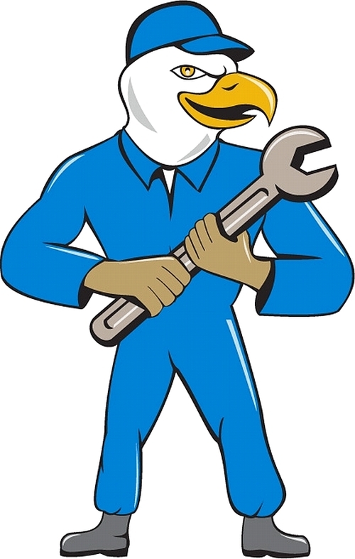 Illustration of a american bald eagle mechanic standing holding spanner looking to the side viewed from front set on isolated white  done in cartoon style.