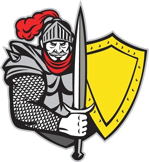 Illustration of a knight in full armor with open visor holding sword and shield viewed from the front set on isolated white  done in retro style.