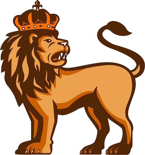 Illustration of an king lion with crown looking to the side set on isolated white  viewed from front done in retro style.
