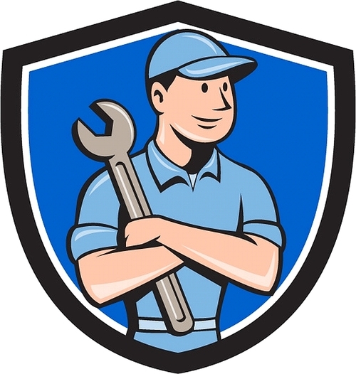 Illustration of a mechanic worker wearing hat arms crossed holding spanner looking to the side viewed from front set inside shield crest on isolated background done in cartoon style.
