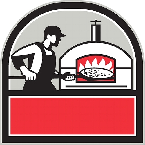 Illustration of a baker pizza maker cook holding a peel with pizza pie into a wood fired oven viewed from side set inside shield crest done in retro style.