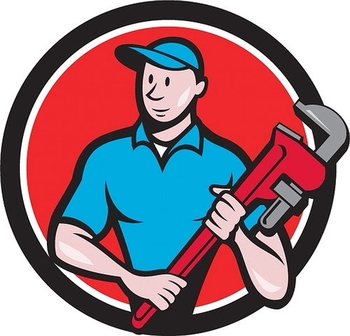 Illustration of a plumber in overalls and hat standing looking to the side holding monkey wrench viewed from front set inside circle on isolated background done in cartoon style.