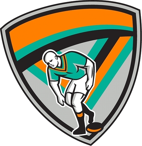Illustration of a rugby league player playing ball viewed from front set inside shield crest on isolated background done in retro style.
