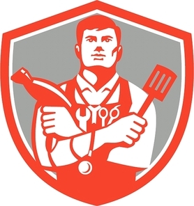 Illustration of a jack of all trades holding a blow dryer and spatula, with stethoscope on neck and spanner and barber scissors in apron facing front set inside shield crest on isolated background done in retro style.
