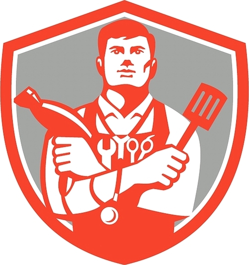 Illustration of a jack of all trades holding a blow dryer and spatula, with stethoscope on neck and spanner and barber scissors in apron facing front set inside shield crest on isolated background done in retro style.