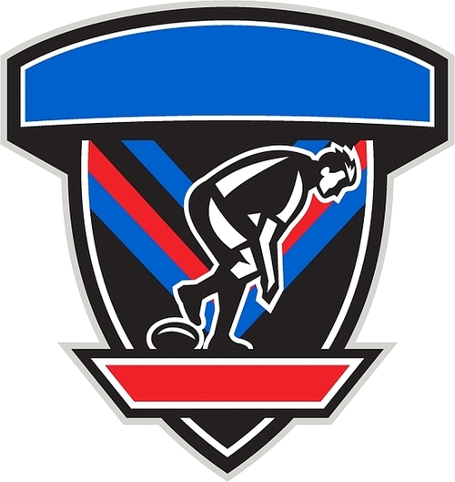 Illustration of a rugby league player playing ball viewed from the side set inside shield crest done in retro style.
