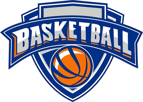 Illustration of a basketball ball set inside shield with the word text BASKETBALL in a ribbon banner done in retro style.