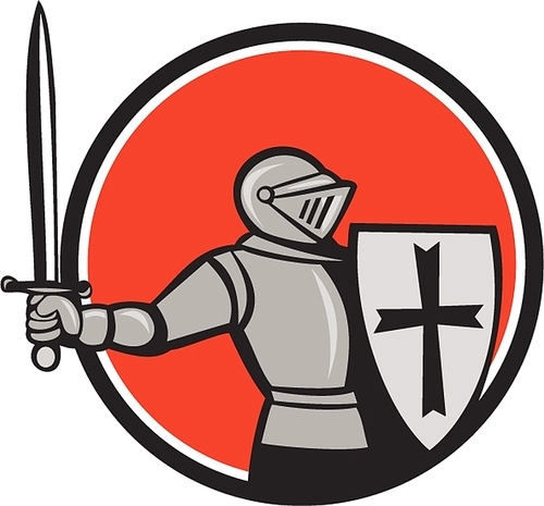 Cartoon style illustration of a knight wearing armor holding shield and wielding sword viewed from the side set inside circle on isolated background.
