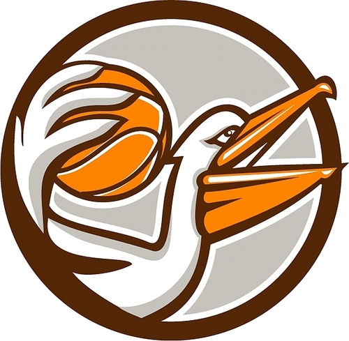 Illustration of a pelican holding dunking basketball viewed from the side set inside circle on isolated  done in retro style.