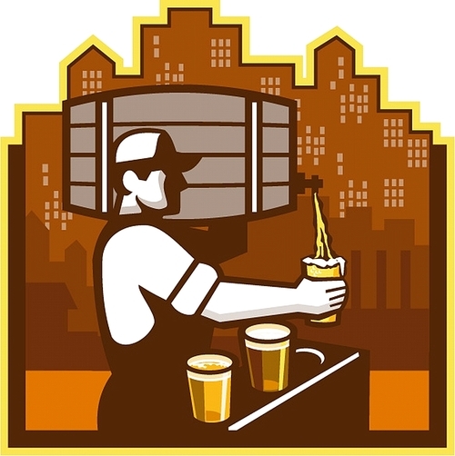 Illustration of bartender carrying keg on shoulder pouring beer from keg viewed from the side with beer glass and beer flight and cityscape buildings in the background done in retro style.