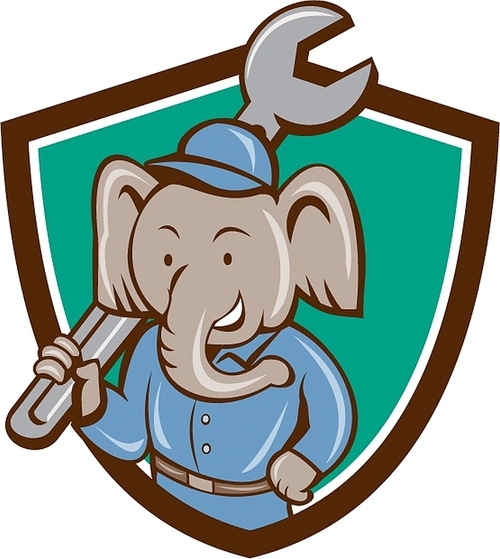 Illustration of an elephant mechanic holding spanner on shoulder viewed from front set inside shield crest on isolated background done in cartoon style.