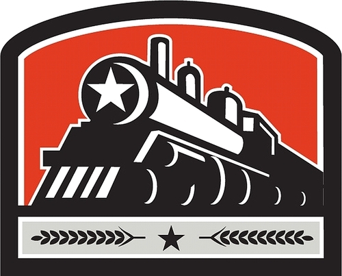 Illustration of a steam train locomotive viewed from front set inside shield crest with star and leaves done in retro style.