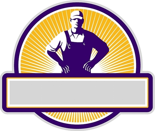Illustration of an organic farmer wearing hat and overalls with hands on hips akimbo facing front set inside circle with sunburst in the background done in retro style.